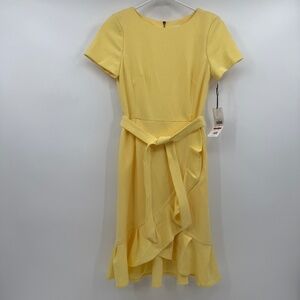 Calvin Klein Dress Women 2P NEW Yellow Short Sleeve Ruffle Wrap Shift Stretch